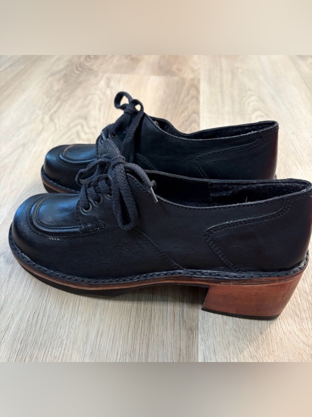 SWEET STEP vintage genuine leather Oxfords chunky wooden heel size 10B academia - Picture 6 of 11